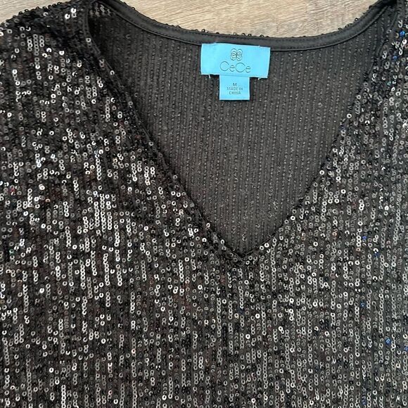 CeCe Sequined V-Neck Cap-Sleeve Black Blouse-Size Medium - Picture 5 of 7
